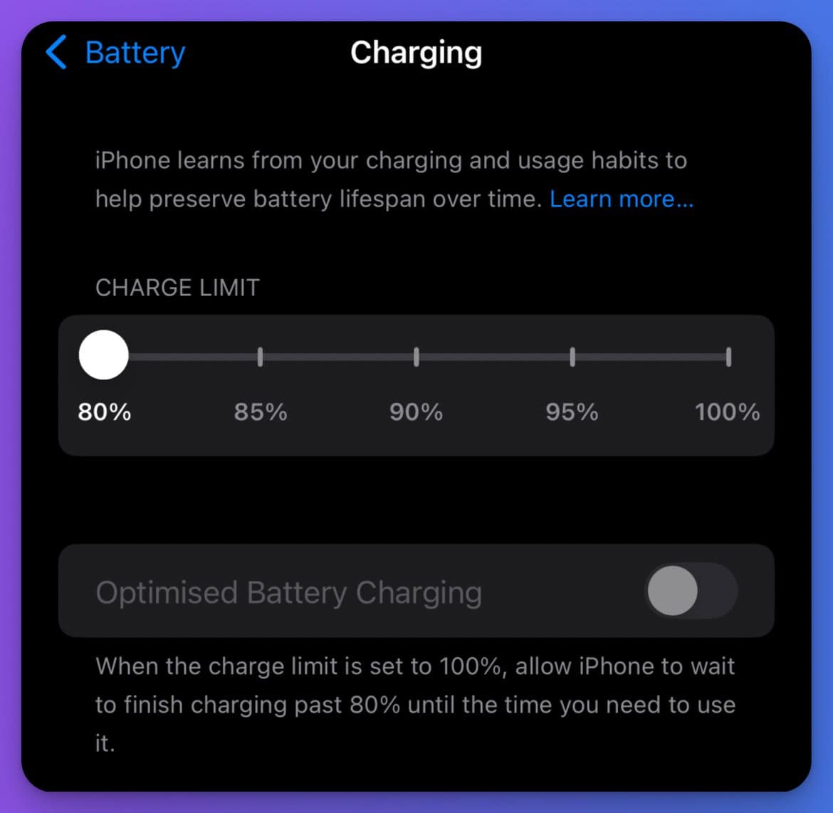 Battery Charge Limit Controls